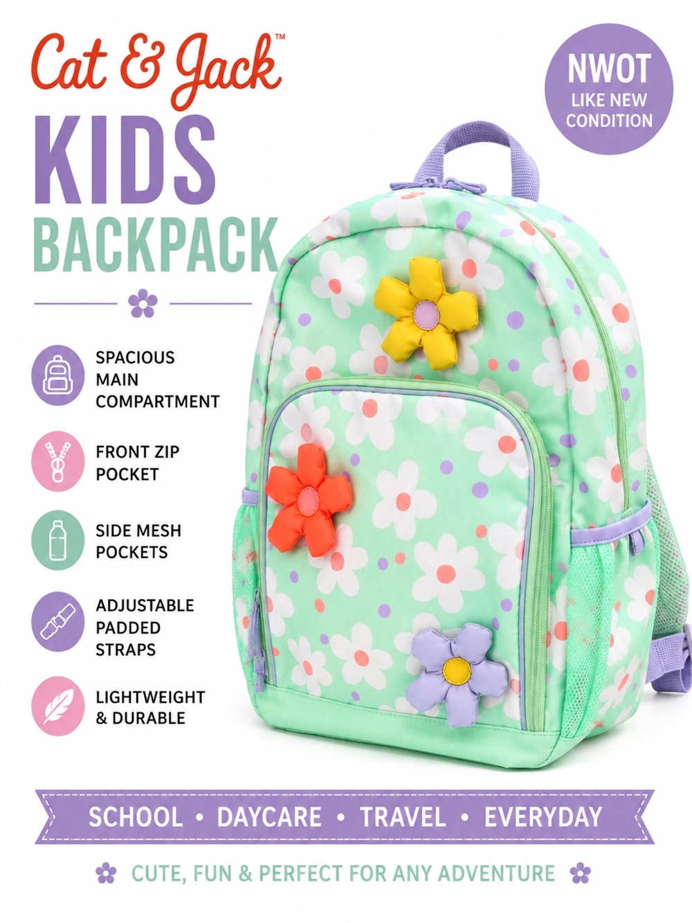 NWOT Cat & Jack Kids Daisy Floral Backpack School Preschool Travel Mint Green